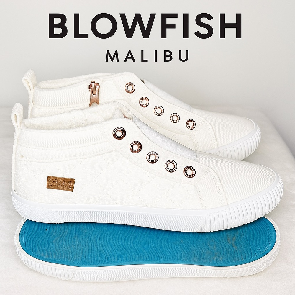 Blowfish Malibu Slip-On Sneakers Rose Gold Grommets, White Quilted sz 7.5-8